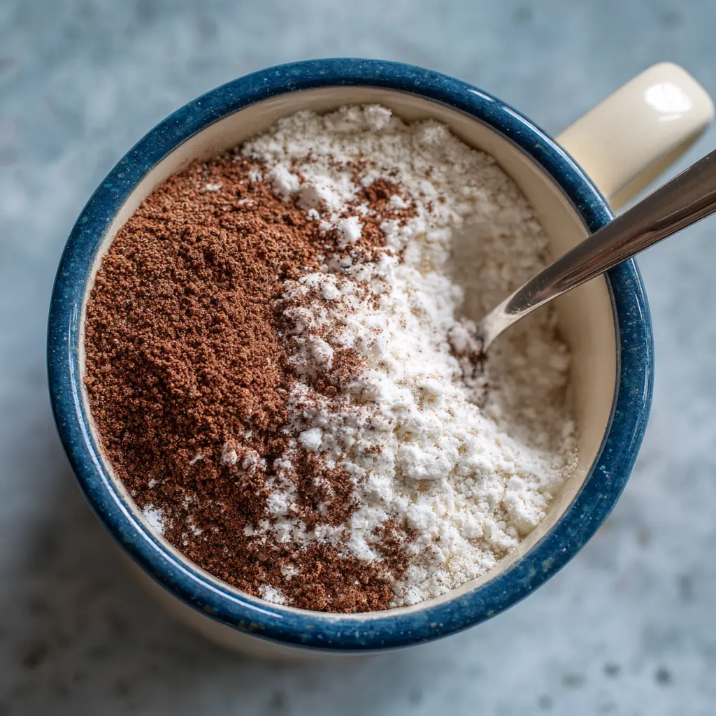 Chocolate Peanut Butter Mug Cake – 5-Minute Easy Treat You’ll Love 10 mixing dry ingredients for mug cake