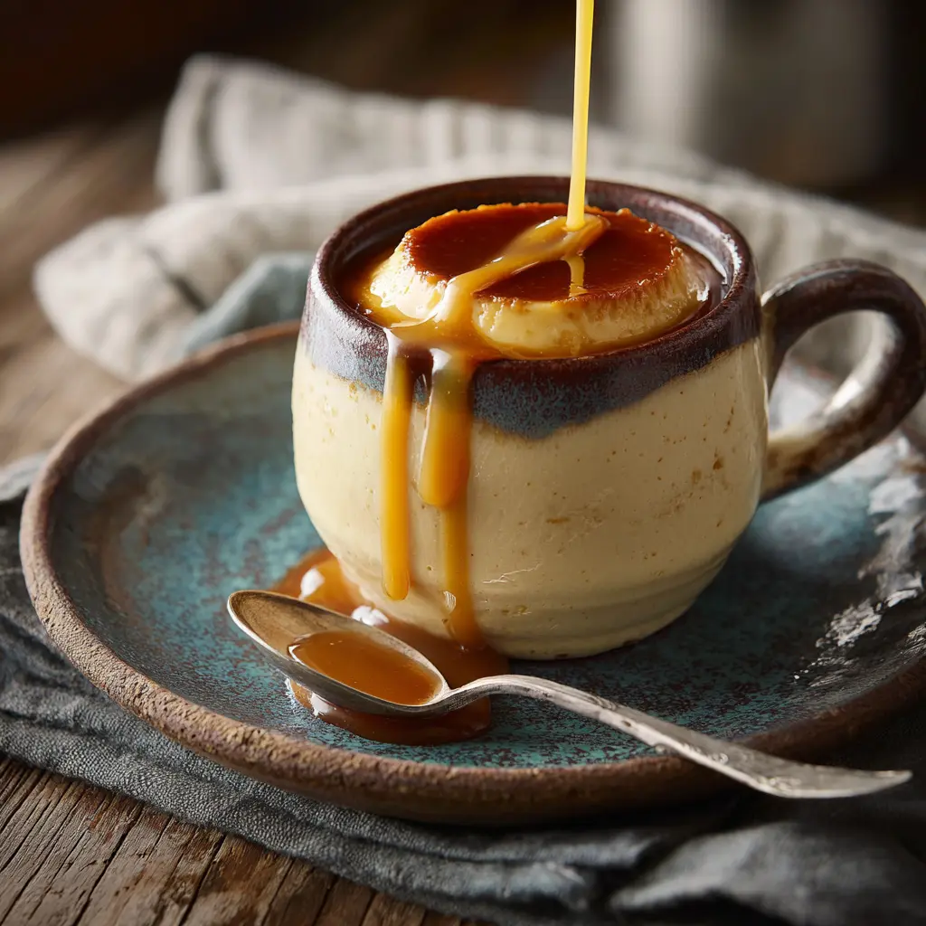 Mug Flan Microwave – Quick & Delicious Treat in 7 Minutes 10 Pouring flan custard over caramel in mug