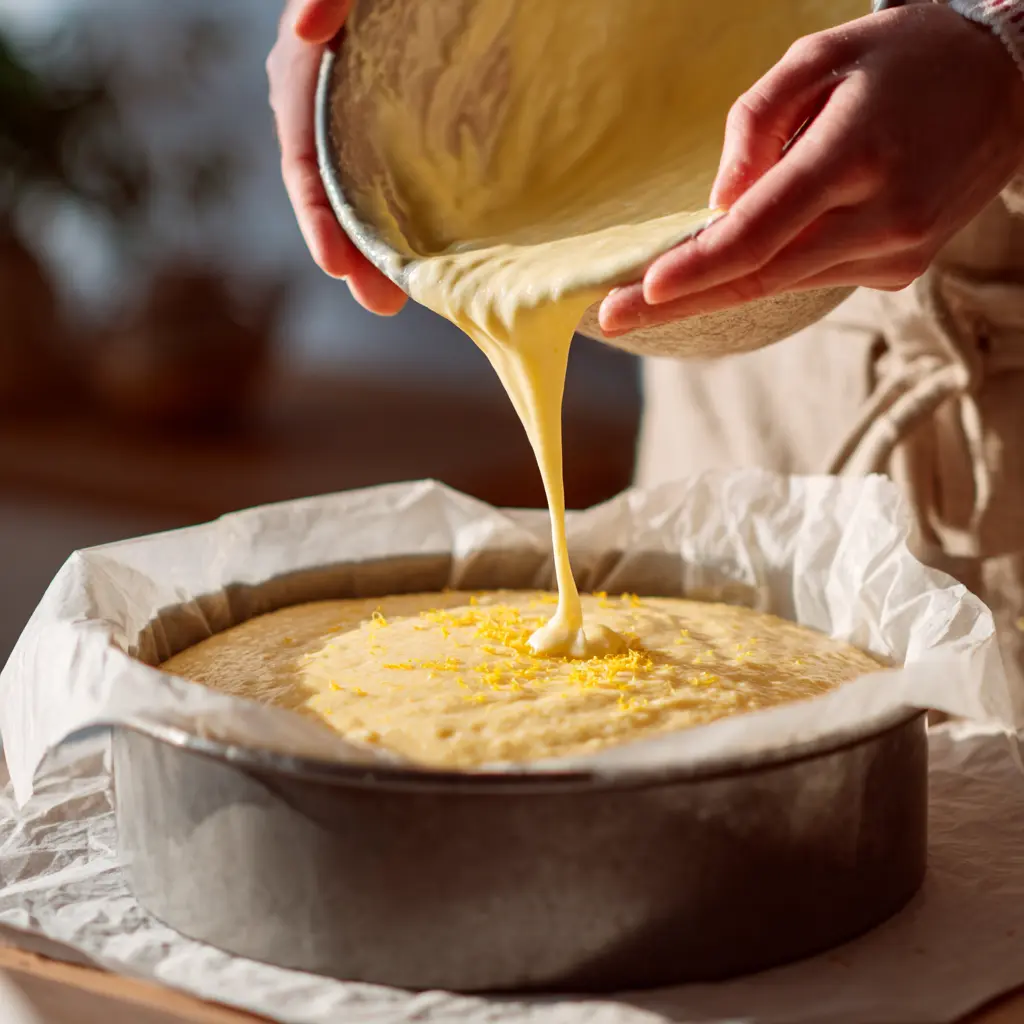Ultimate Limoncello Mascarpone Ricotta Cake : 1 Easy, Creamy Wonder 10 Pouring limoncello cake batter into pan