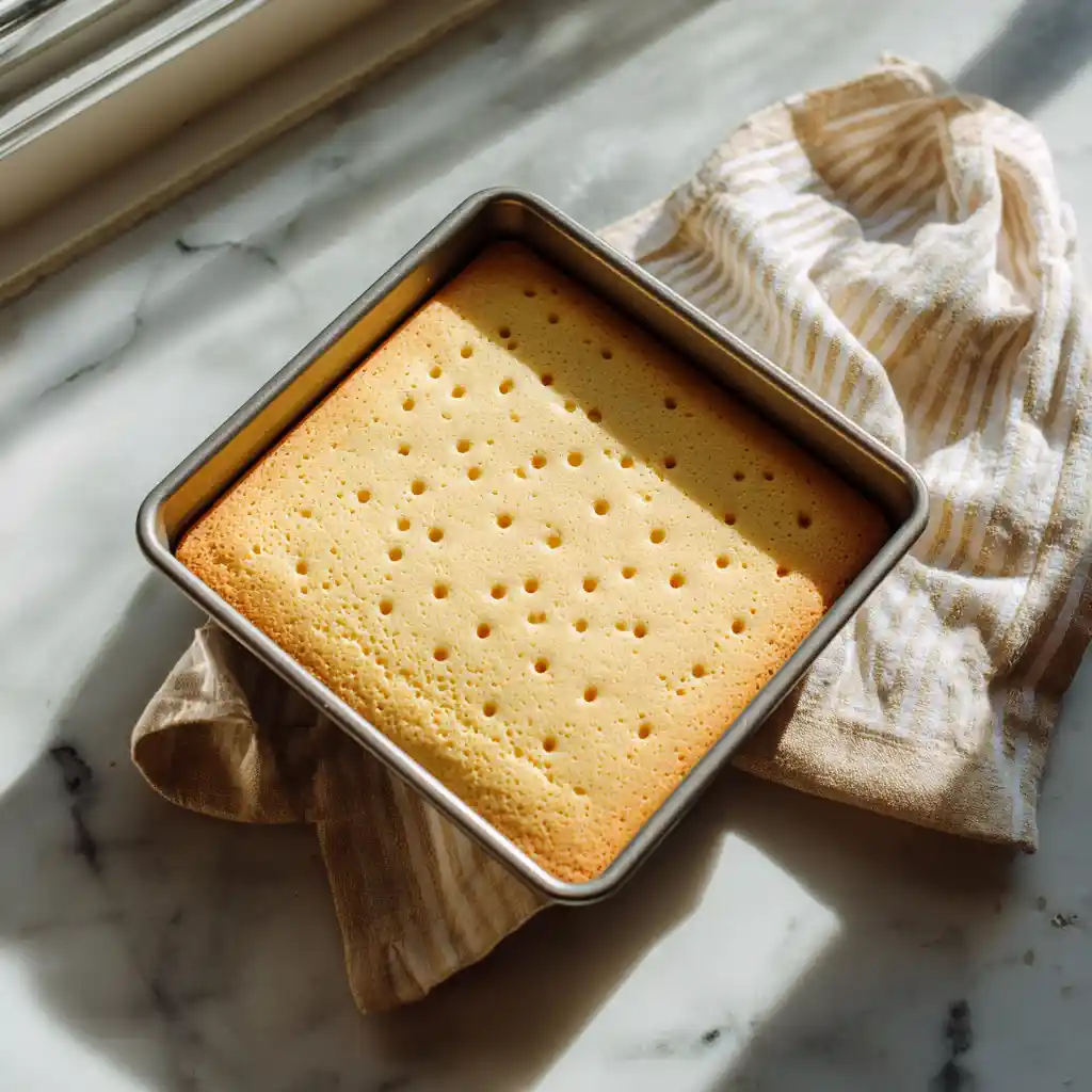 Ferrero Rocher Tres Leches Cake Recipe – Creamy, Rich & Easy 10 Tres leches sponge cake with poked holes