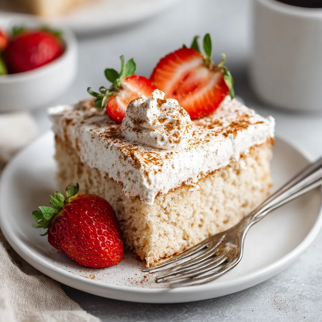 Vegan Tres Leches Cake – Amazing 3-Milk Recipe That Delights 6 Vegan tres leches cake topped with whipped coconut cream and strawberries
