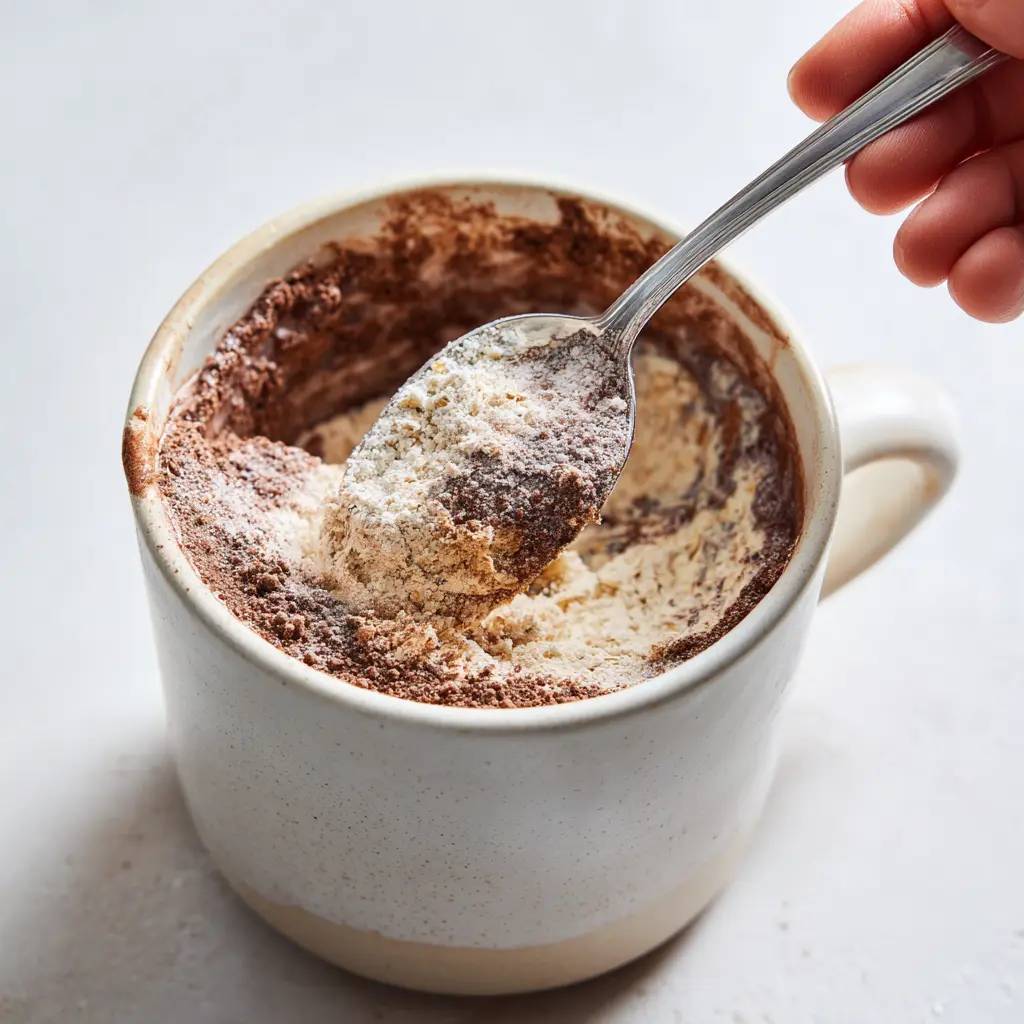Easy Chocolate Mug Cake Protein Recipe That’s Moist & Ready in 5 Mins 10 Mixing ingredients for chocolate protein mug cake