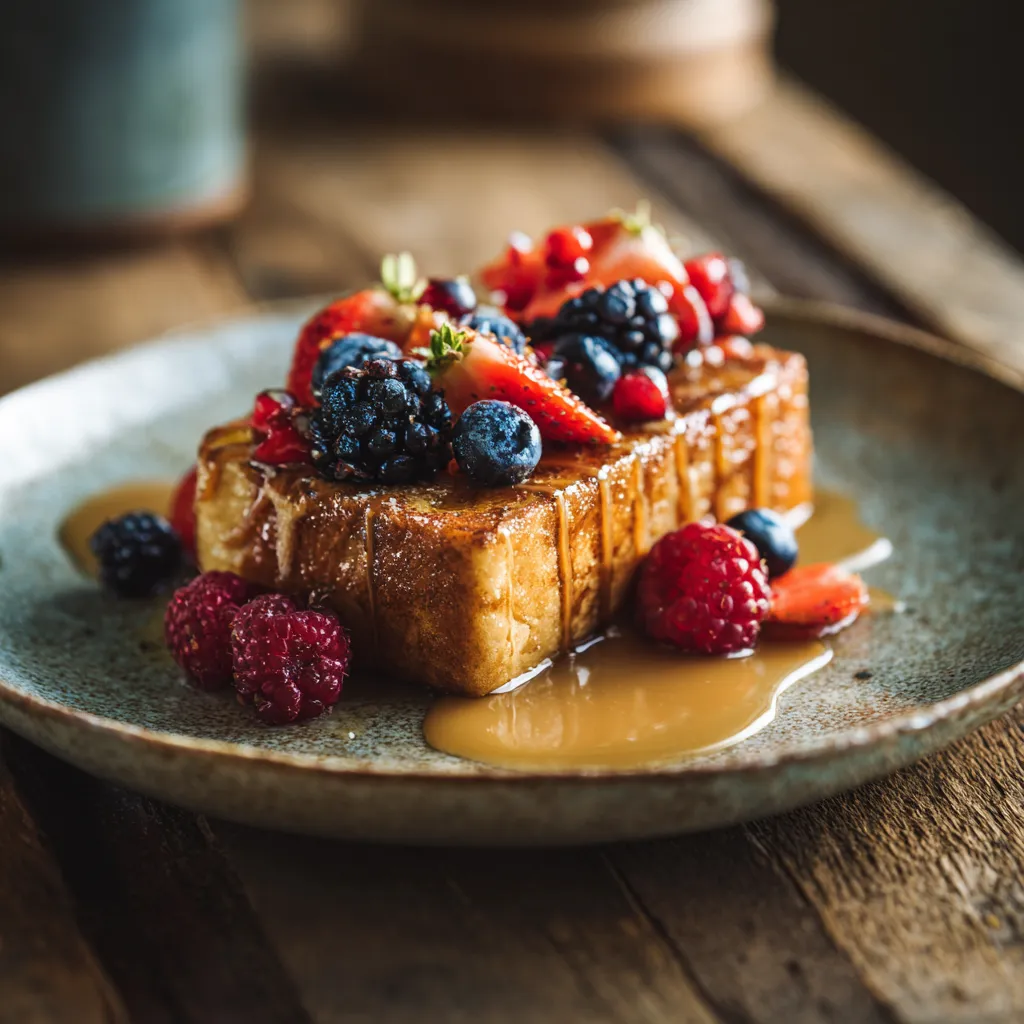 Concha French Toast – 5-Min Brunch Delight (Easy Recipe) 7 Concha French Toast with caramel and berries