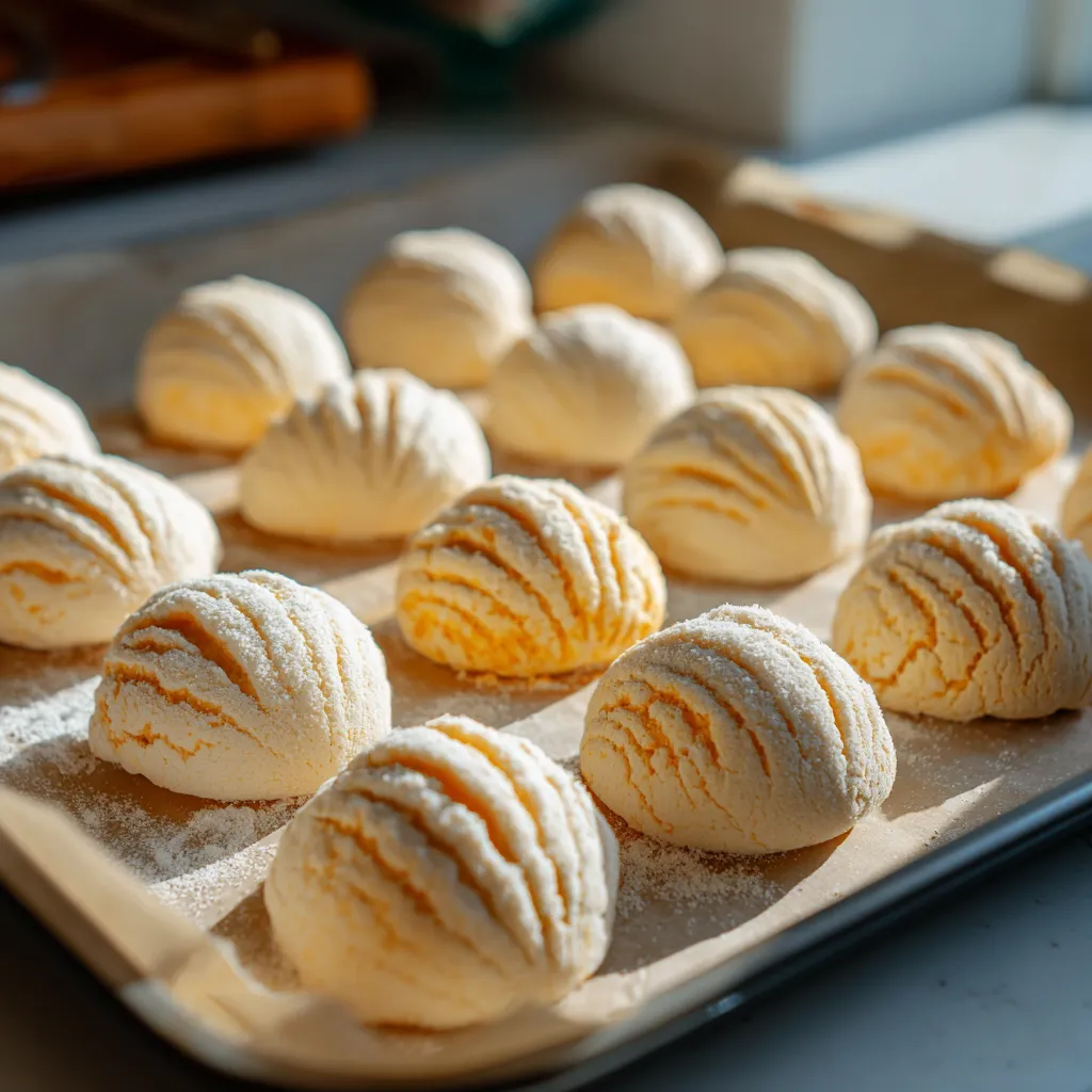 Mexican sweet bread with a sugar shell Recipe – Easy, Proven & Loved by Thousands 9 Unbaked conchas with sugar shells on tray