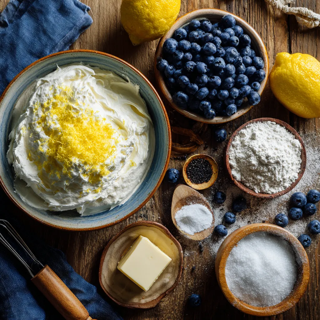 Lemon Blueberry Cheesecake Cookies – Irresistible 5-Star Treat 9 Lemon blueberry cheesecake cookie ingredients laid out