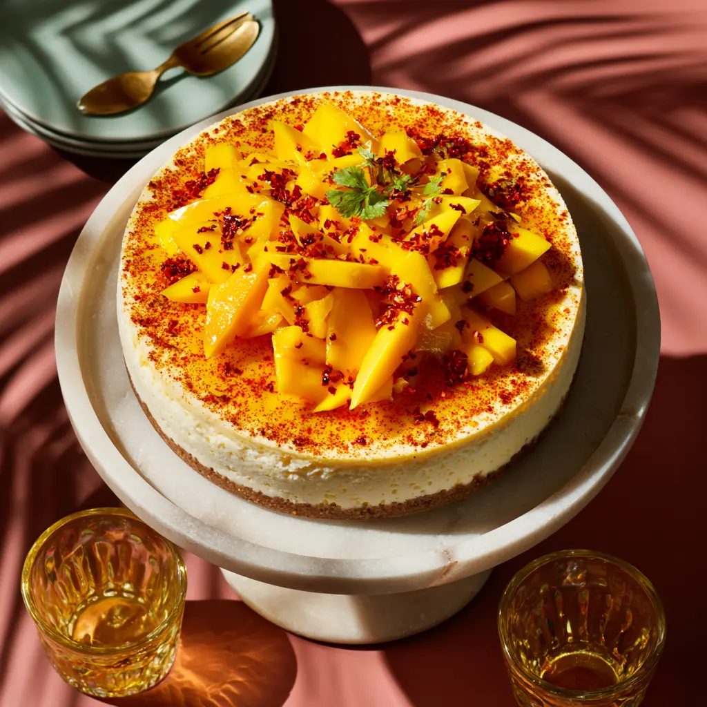 Ultimate Mangonada Cheesecake – 5-Star Delicious Fiesta 11 Sliced mangonada cheesecake with Tajín and chamoy