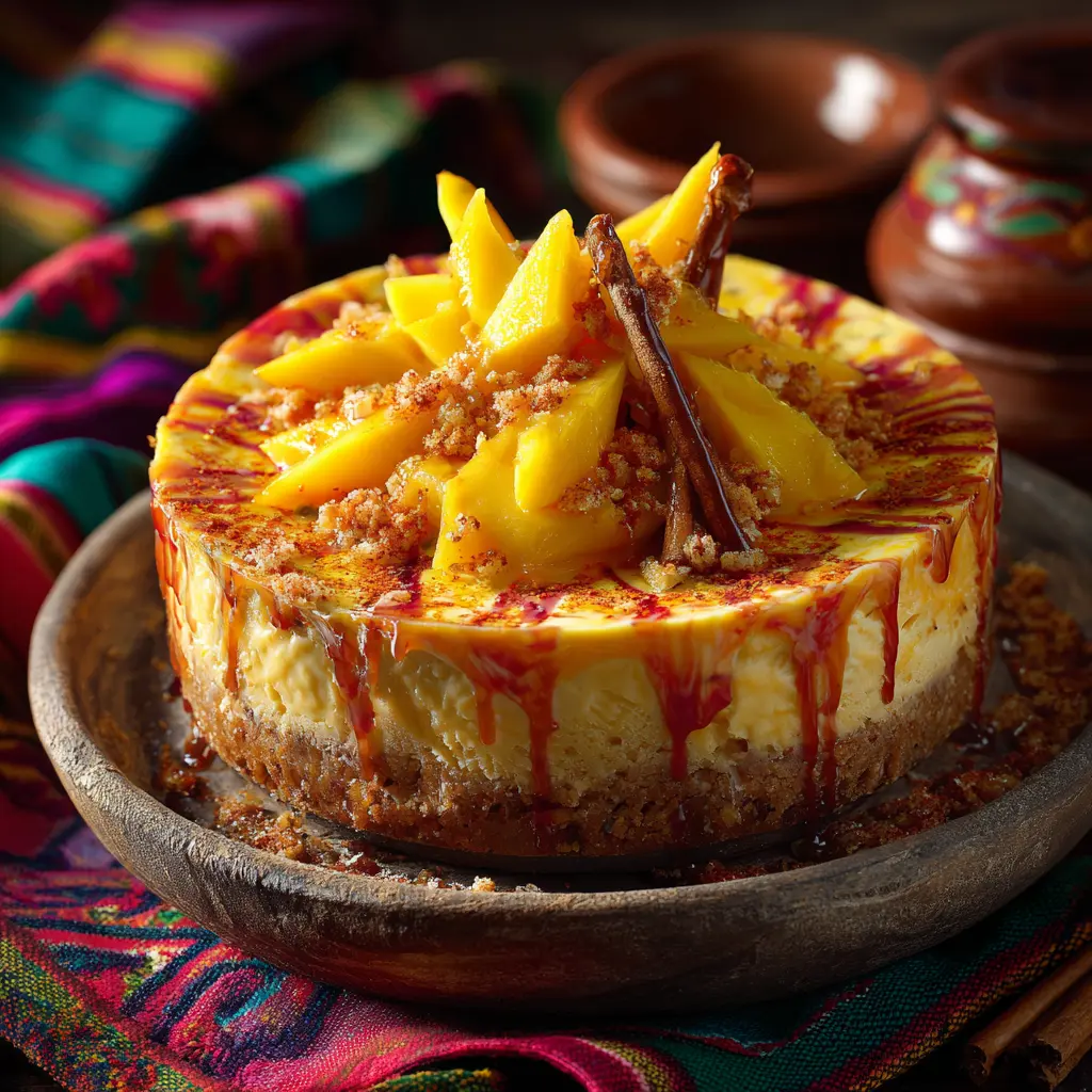 Ultimate Mangonada Cheesecake – 5-Star Delicious Fiesta 7 Mangonada cheesecake topped with chamoy and Tajín