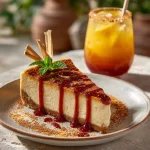 Ultimate Mangonada Cheesecake – 5-Star Delicious Fiesta 8 Whole mangonada cheesecake on cake stand