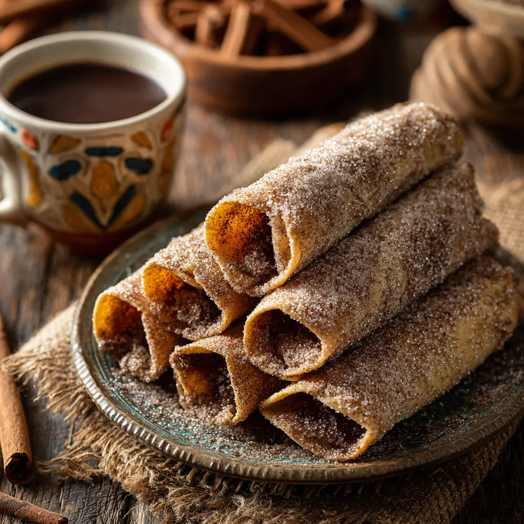 Mexican Hot Chocolate Rolled Tacos – Easy 20-Min Dessert Delight 8 Mexican hot chocolate rolled tacos on plate with cup of hot cocoa