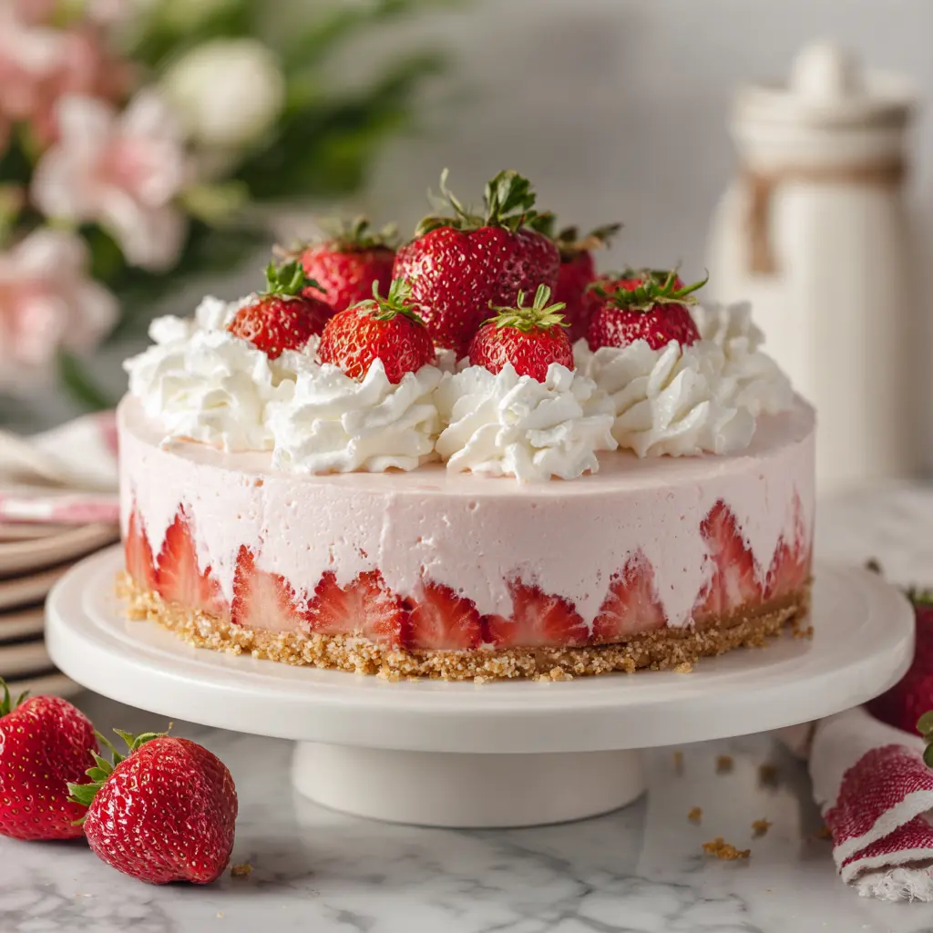 Strawberry Cheesecake Ice Cream Cake – The Ultimate No-Bake Dessert 7 Strawberry cheesecake ice cream cake on cake stand