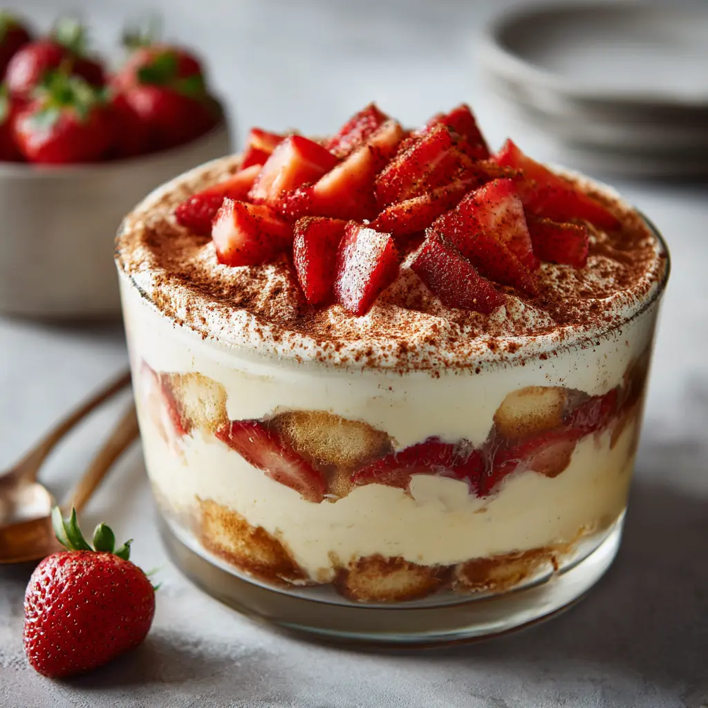 Strawberry Horchata Tiramisu – 5-Layer Easy Summer Dessert 8 Strawberry Horchata Tiramisu in glass dish