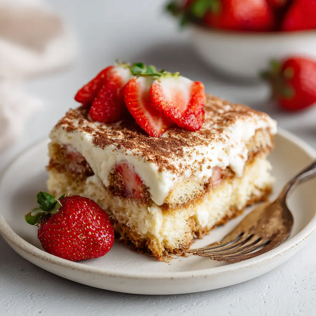 Strawberry Horchata Tiramisu – 5-Layer Easy Summer Dessert 14 Slice of strawberry horchata tiramisu served