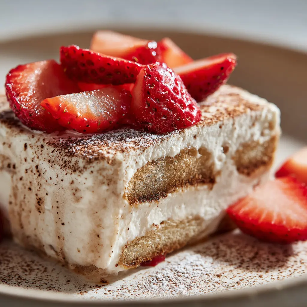 Strawberry Horchata Tiramisu – 5-Layer Easy Summer Dessert 13 Strawberry cinnamon topping on tiramisu