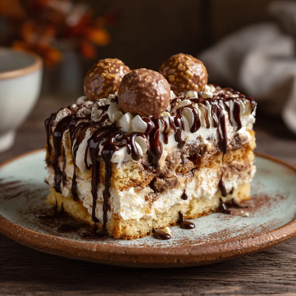 Tres Leches Ferrero Rocher Cake – Rich & Easy Recipe 9 Tres leches Ferrero Rocher cake slice with hazelnut topping