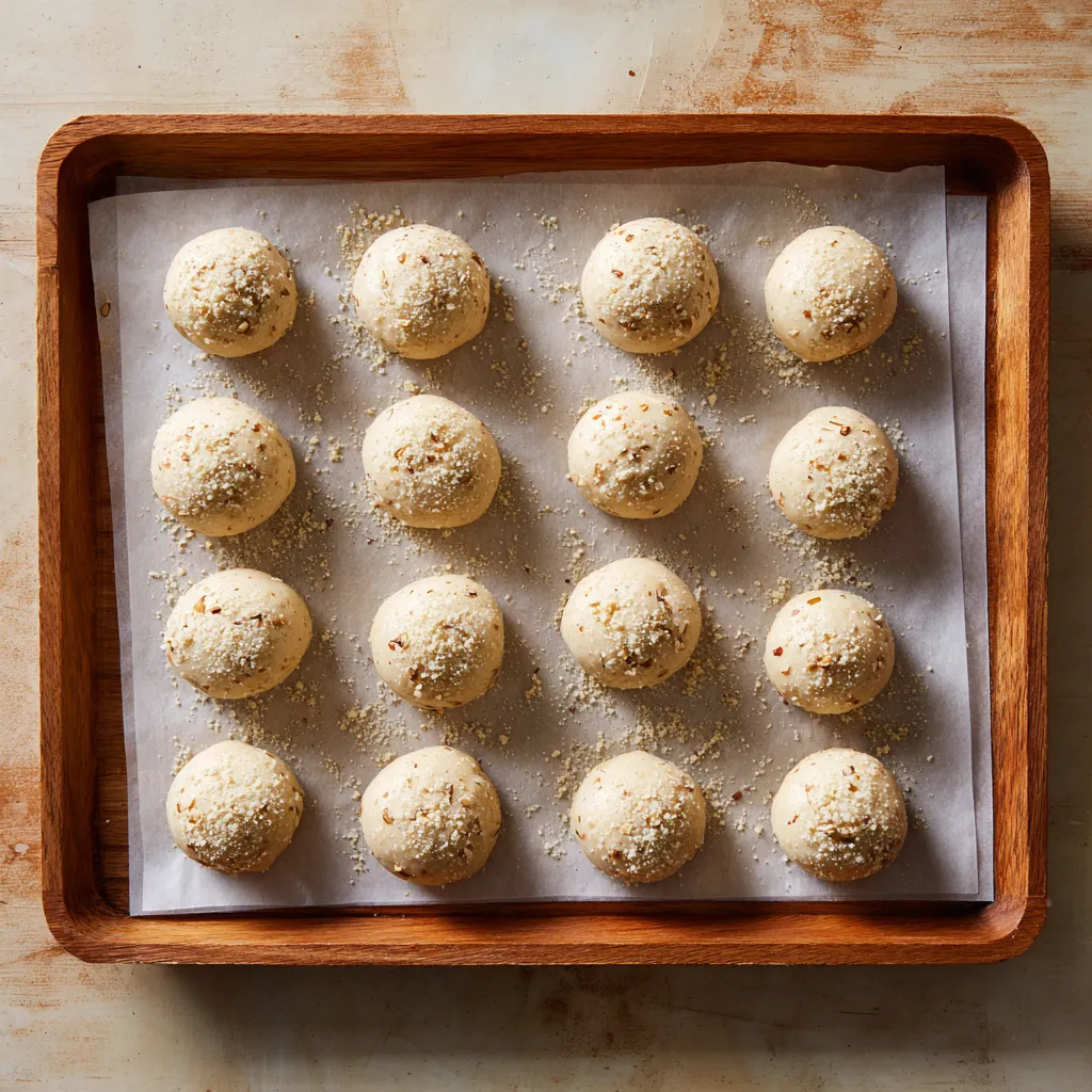 Gluten Free Vegan Mexican Wedding Cookies – 10 Easy Steps to Crumbly Bliss 11 shaped cookie dough balls on baking tray