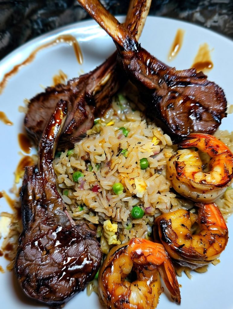 Savory Lamb Chops with Shrimp Fried Rice