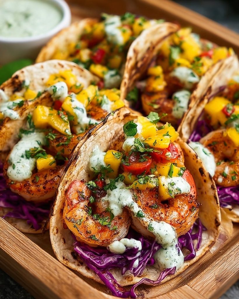 Shrimp Tacos with Mango Salsa Creamy Cilantro Sauce