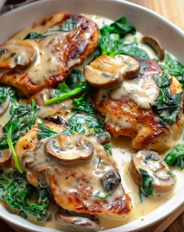Chicken with Spinach and Mushrooms in Creamy Parmesan Sauce