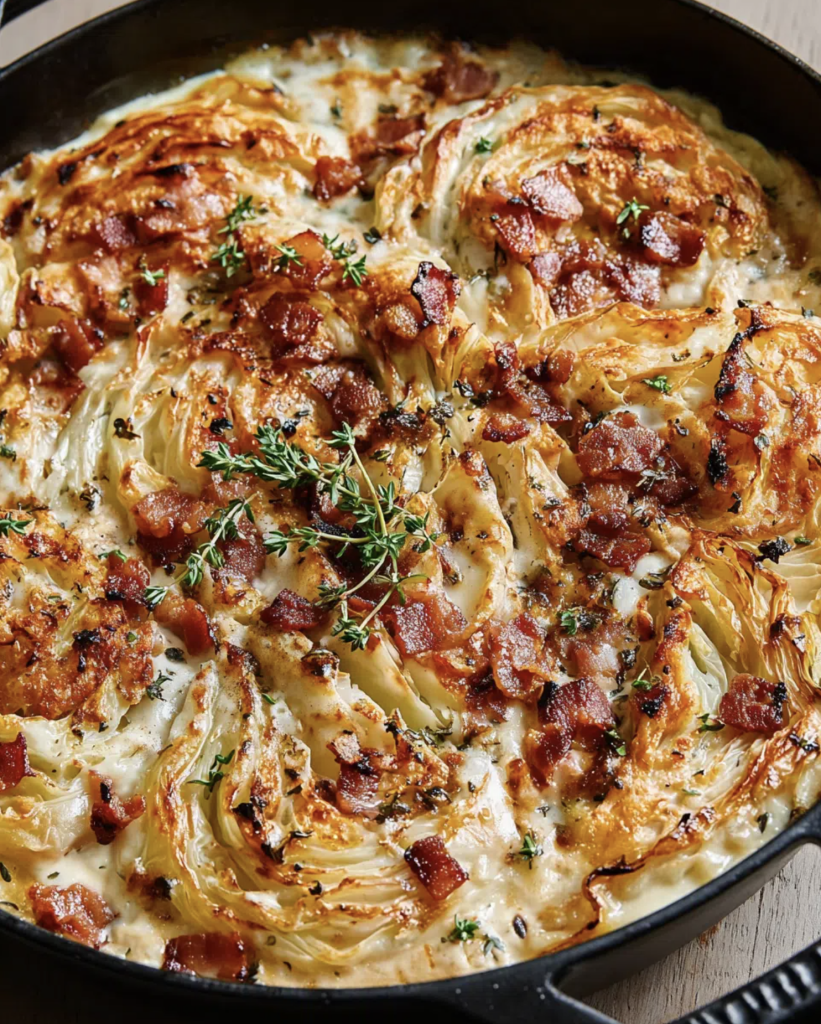Creamy Baked Cabbage with Crispy Turkey Bacon