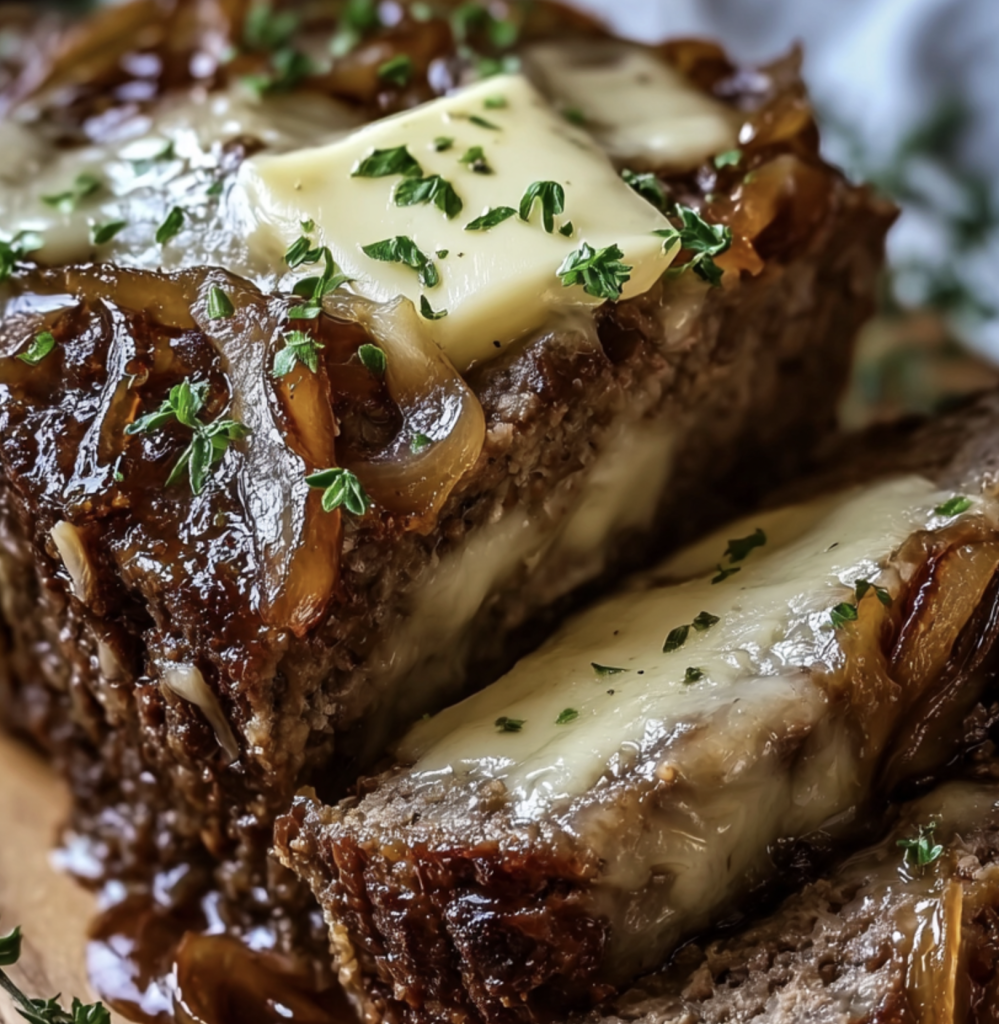Crockpot French Onion Meatloaf with Melted Swiss Cheese
