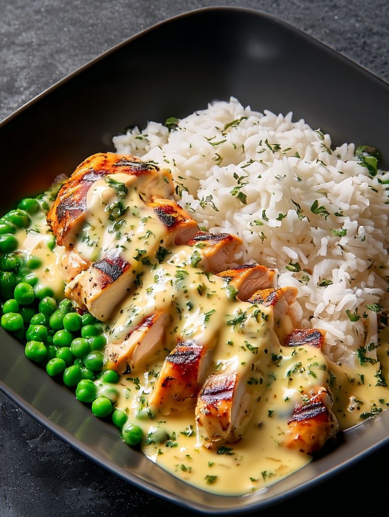 Grilled Chicken with Creamy Herb Sauce Rice Green Peas