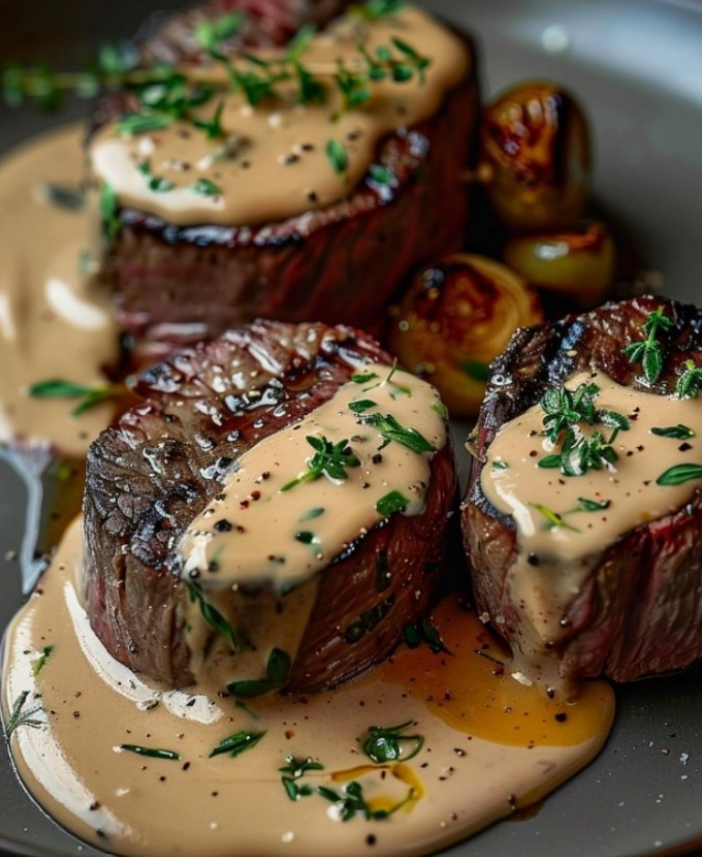 Seared Filet Mignon with Shallot Peppercorn Cream Sauce