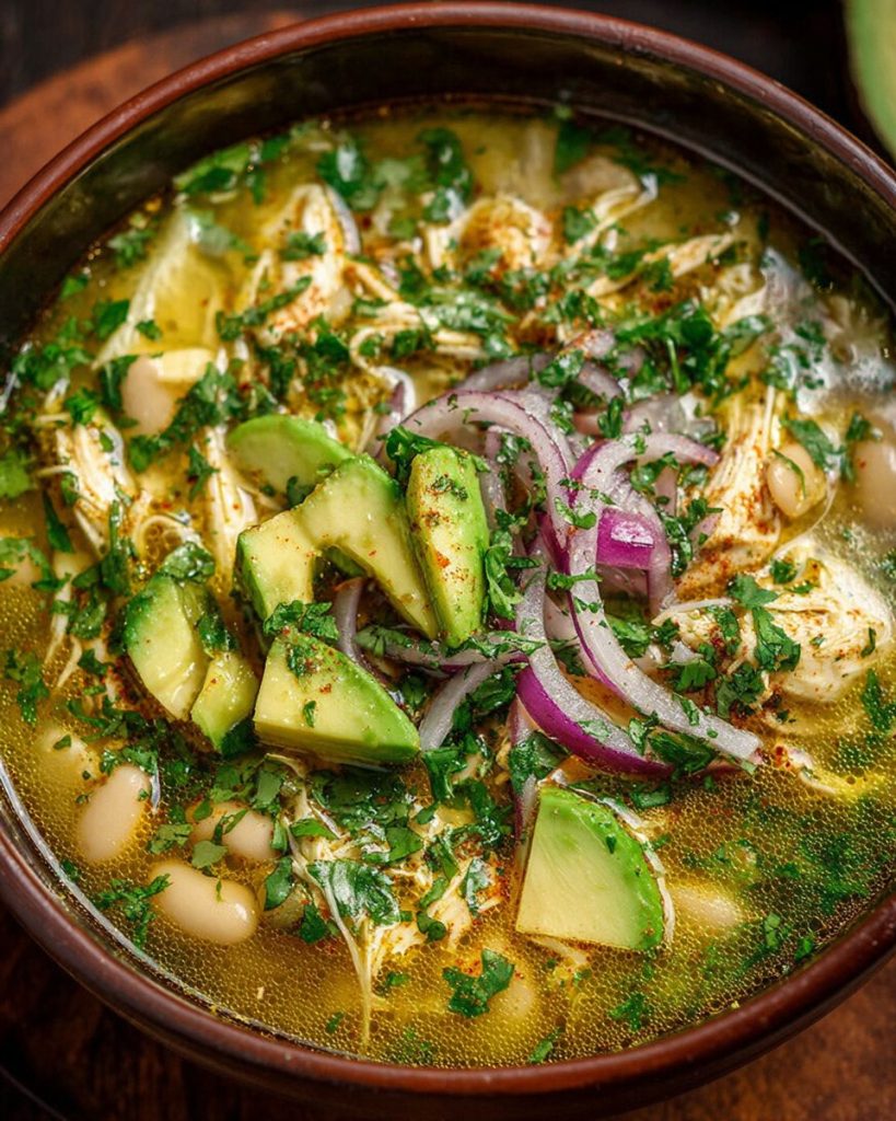 Zesty Green Chicken Chili Soup with White Beans Avocado