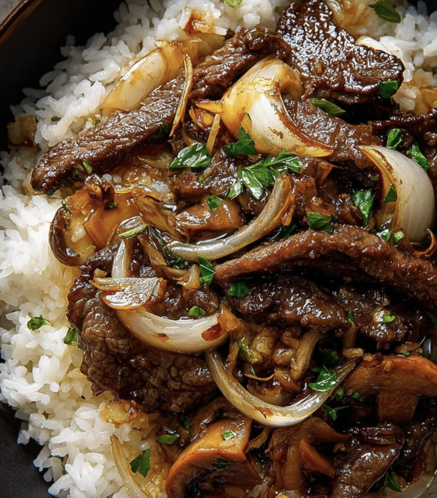 Beef, Onion & Mushroom Stir-Fry Over Rice 1 Beef Onion Mushroom Stir Fry Over Rice