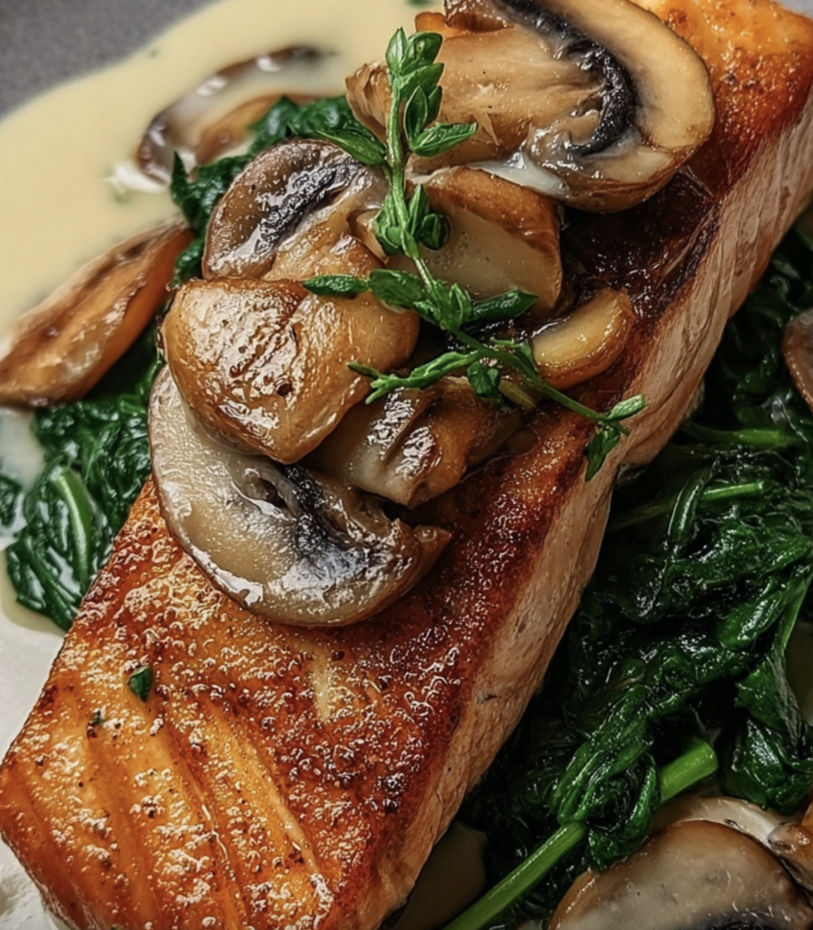 Garlic Butter Salmon with Spinach & Mushrooms in Creamy Sauce 1 Garlic Butter Salmon Spinach Mushrooms