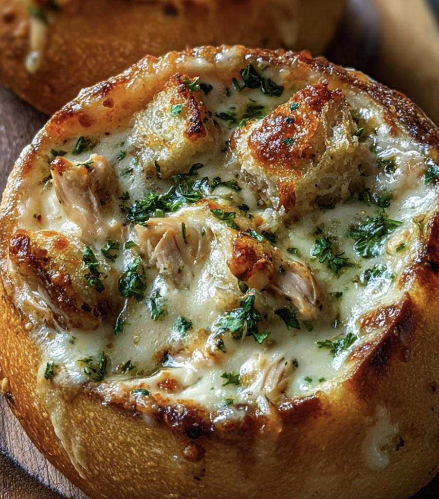 Rustic Chicken Cheese Bread Bowls in Garlic Parmesan Sauce