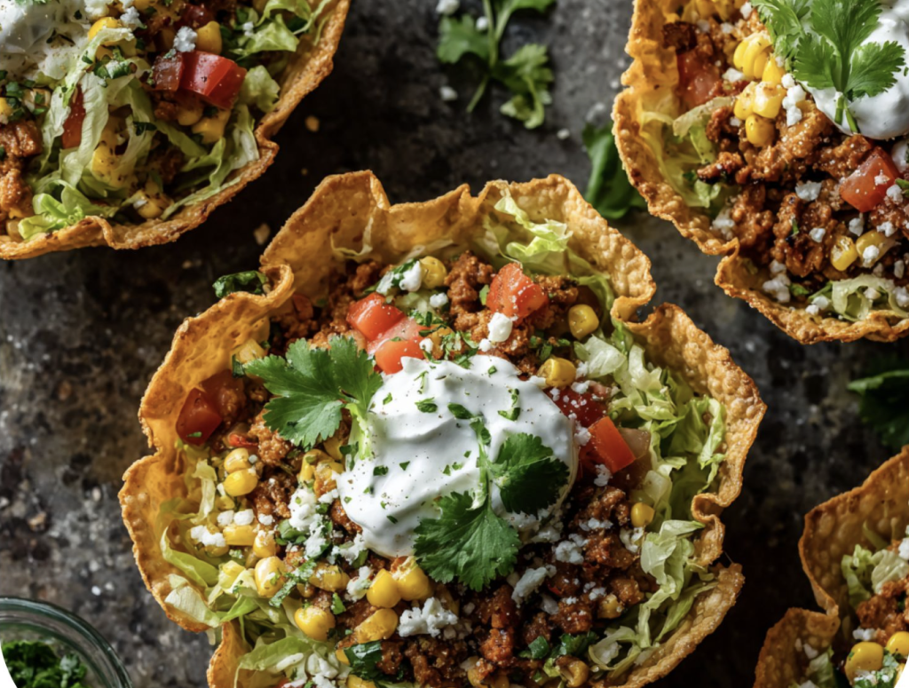 Mexican Street Taco Bowls with Crunchy Tortilla Nest