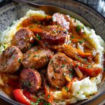 Rustic Italian Sausage with Peppers and Onions over Garlic Mashed Potatoes
