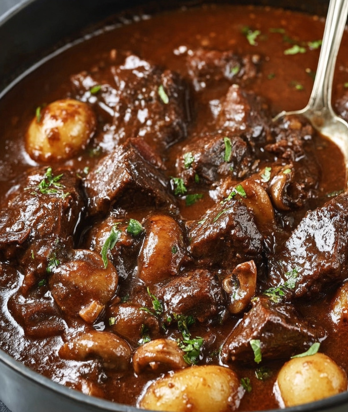 Slow Braised French Beef Bourguignon with Tender Mushrooms and a Bright Hint of Coriander