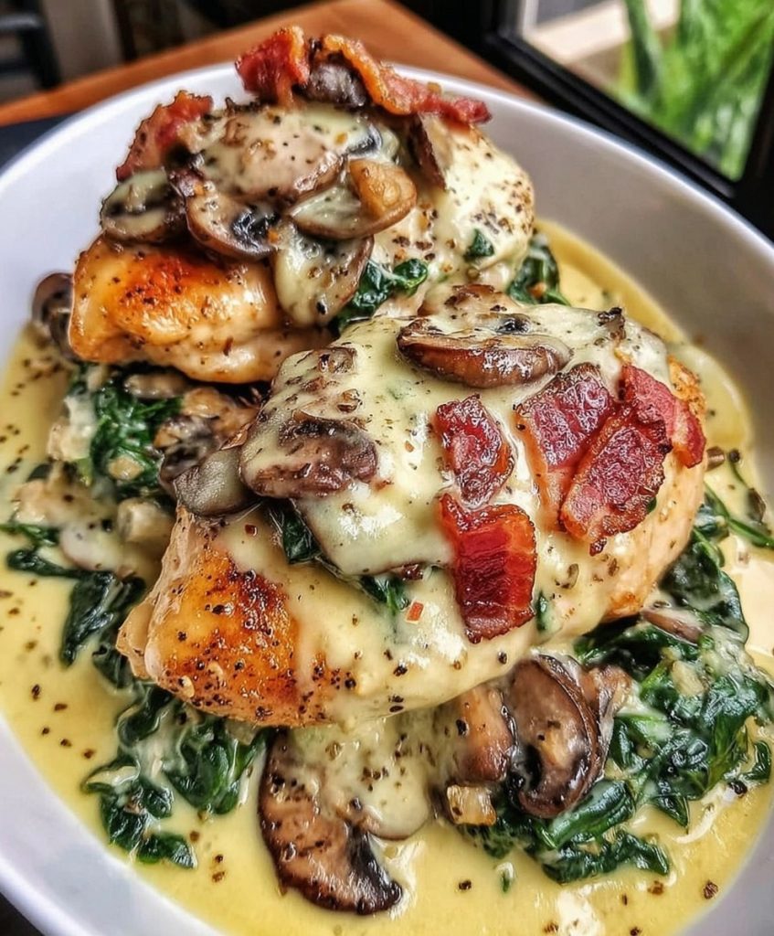 Smothered Chicken with Creamed Spinach Bacon and Mushrooms