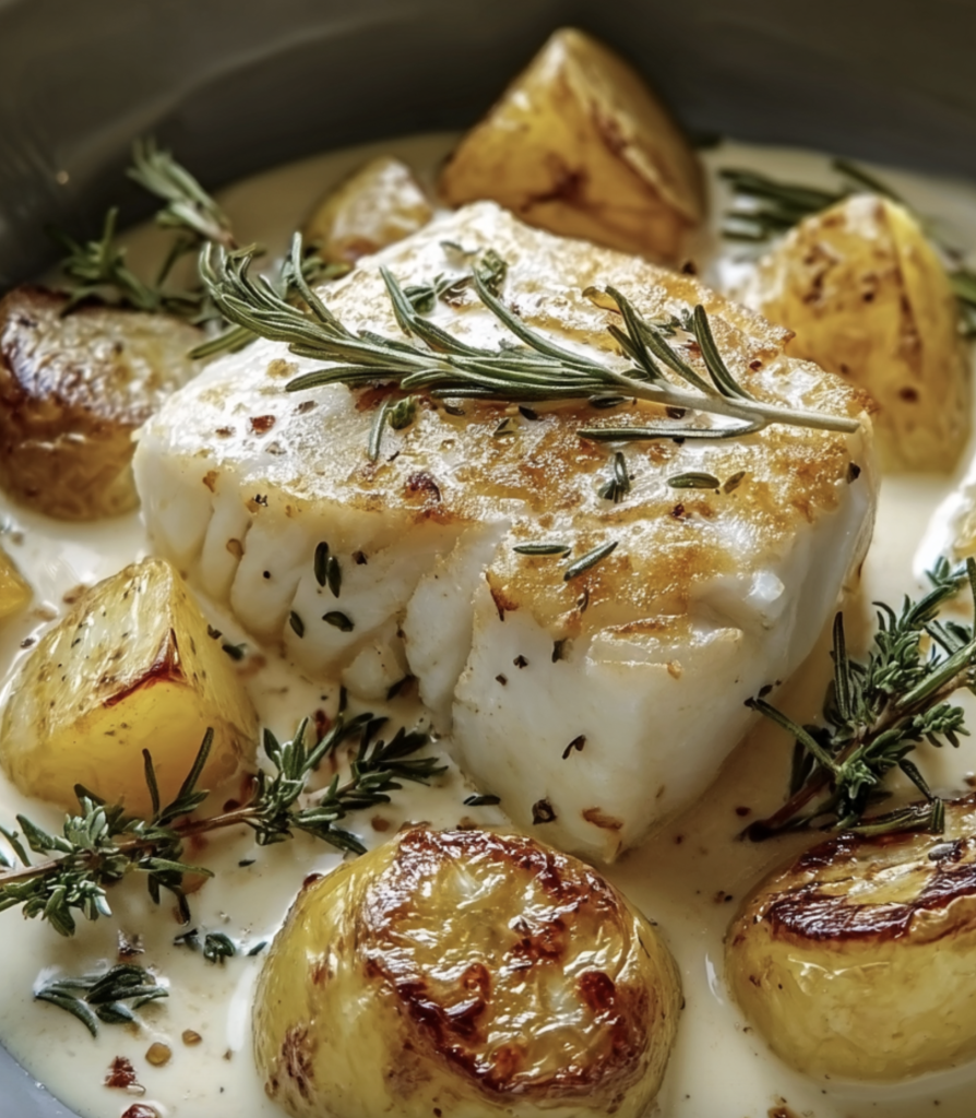 Tender Baked Cod and Yukon Potatoes in a Creamy Rosemary and Lemon Sauce