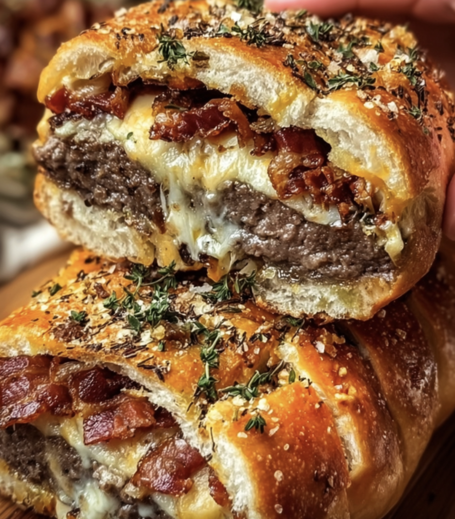 Triple Cheese Turkey Bacon Burger Stuffed Garlic Bread