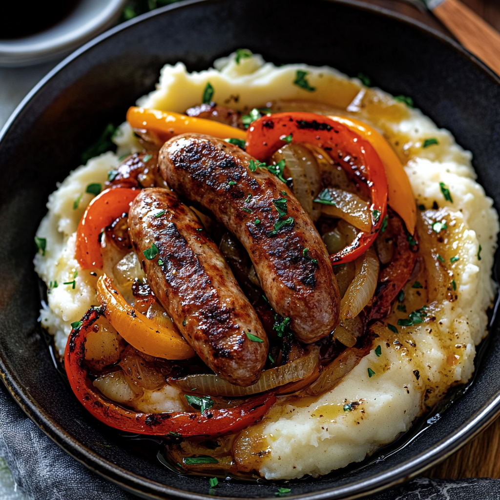 Rustic Italian Sausage with Peppers and Onions over Garlic Mashed Potatoes 2 recette34