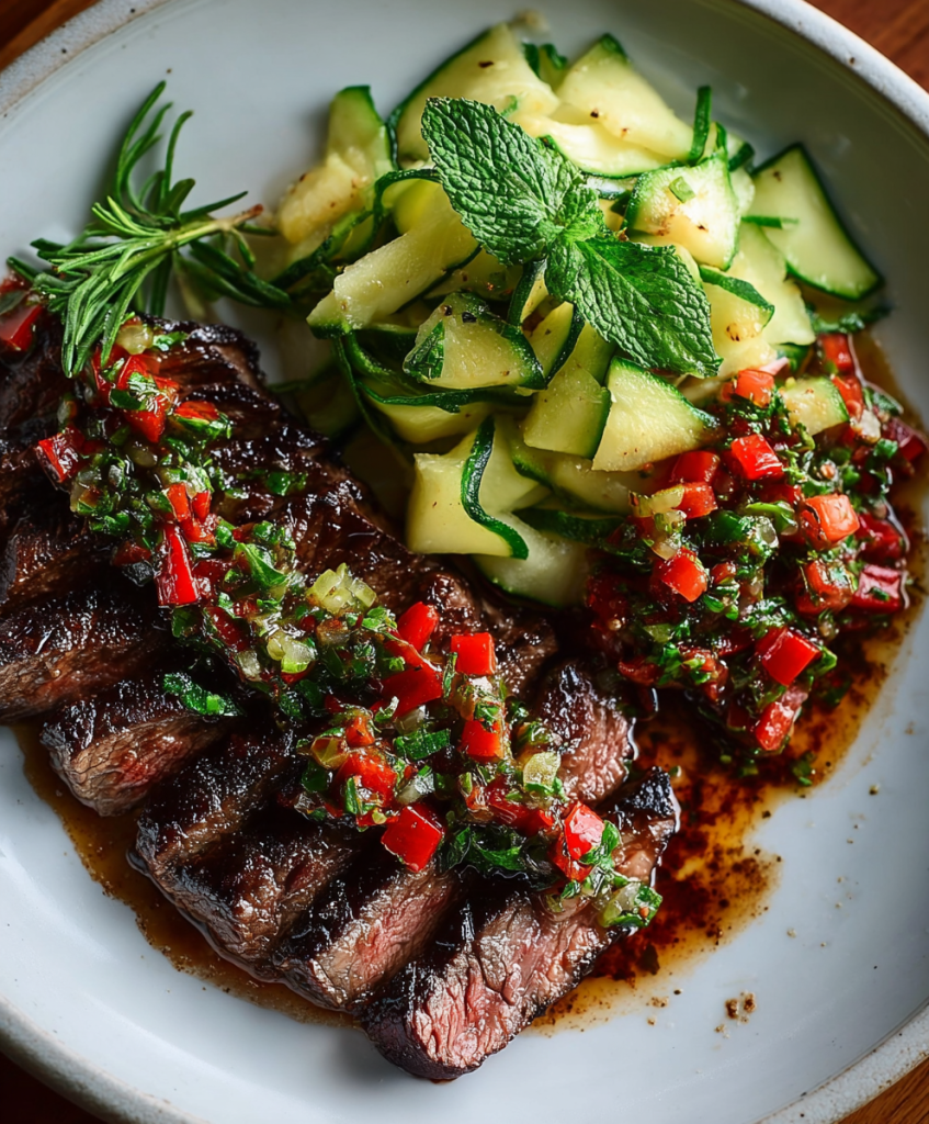 Balsamic Skirt Steak with Red Pepper Relish and Zucchini Salad1