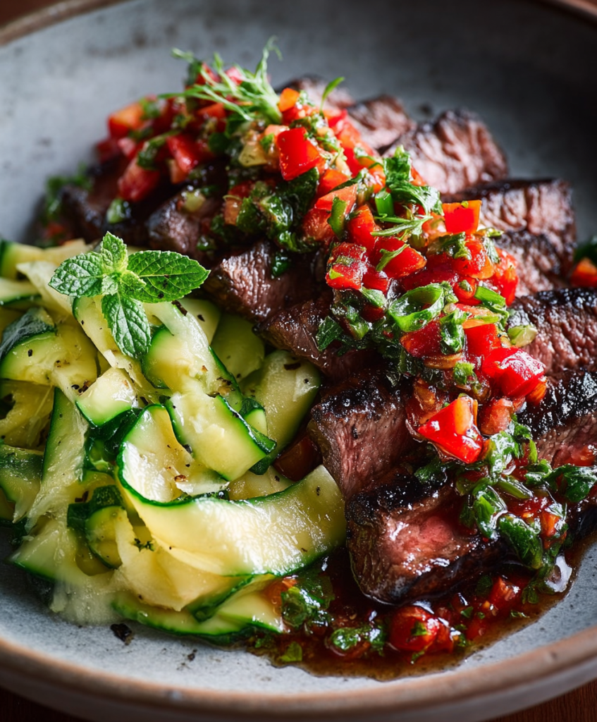 Balsamic Skirt Steak with Red Pepper Relish and Zucchini Salad 2 Balsamic Skirt Steak with Red Pepper Relish and Zucchini Salad2