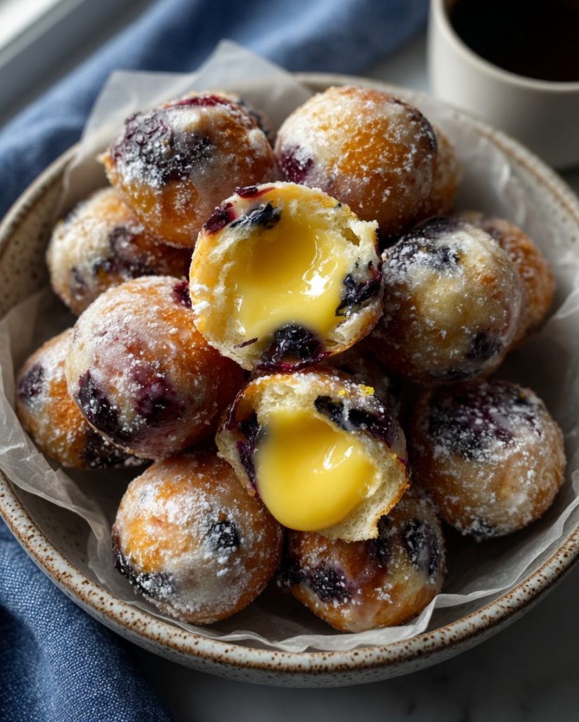 Blueberry Cake Donut Holes with Citrus Glaze Lemon Curd Filling