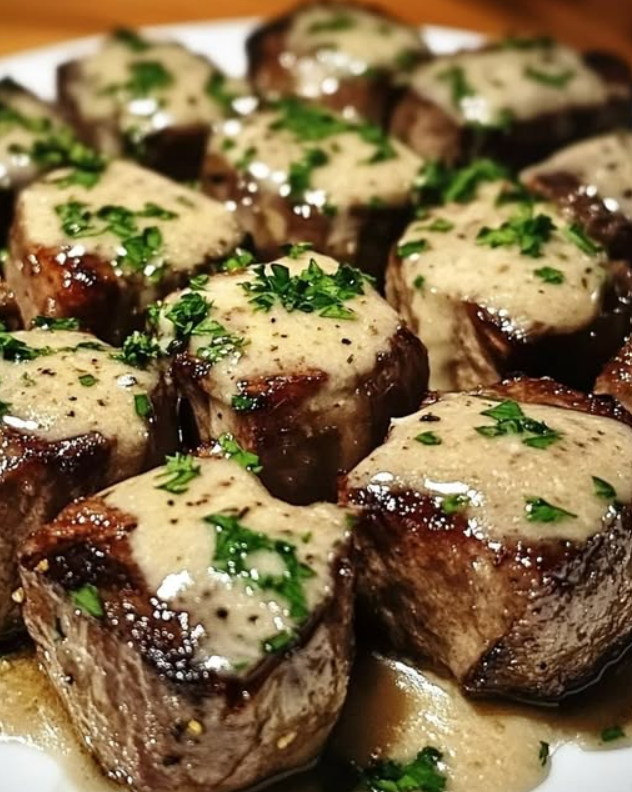Tender Steak Bites in Garlic Butter with Creamy Parmesan Sauce